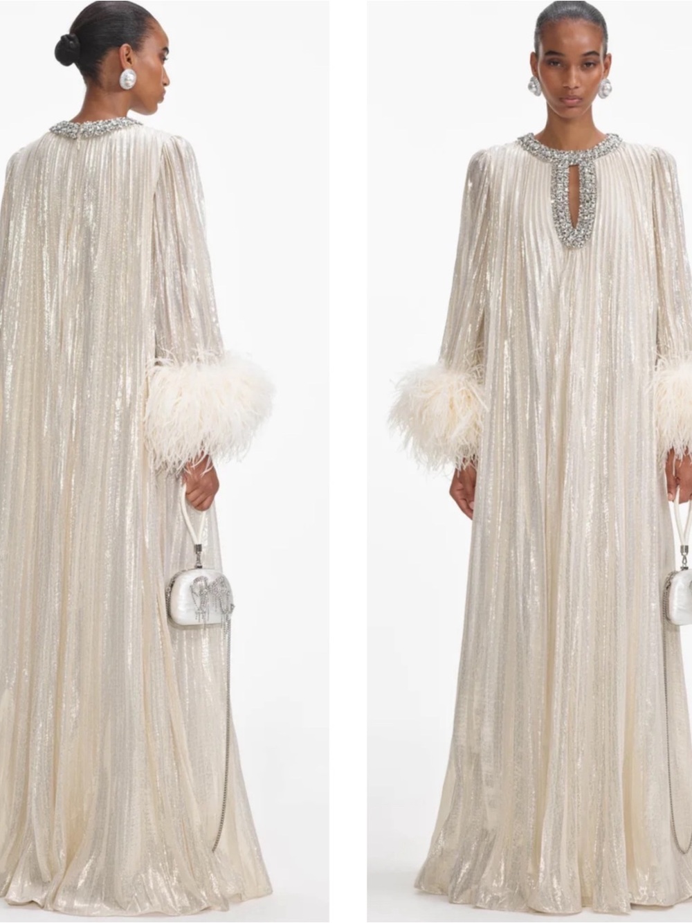 SELF-PORTRAIT Gold Pleated Feather Hem Long Sleeve Crystal Maxi Dress Size 6